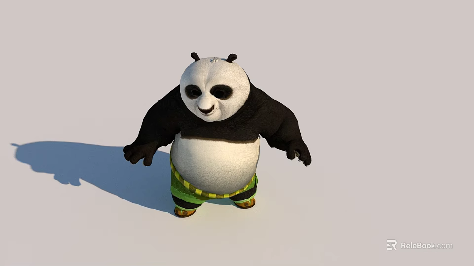 Cute Black and White Panda Doll Wearing Green Yellow Shorts Standing on White Background 3d model 