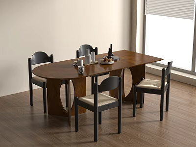 Wooden Oval Dining Table With Black Chairs Light Seats And Decorative Items 3d model
