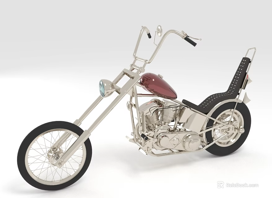 Custom Silver Motorcycle With Red Fuel Tank Long Handlebars And Black Seat 3d model 
