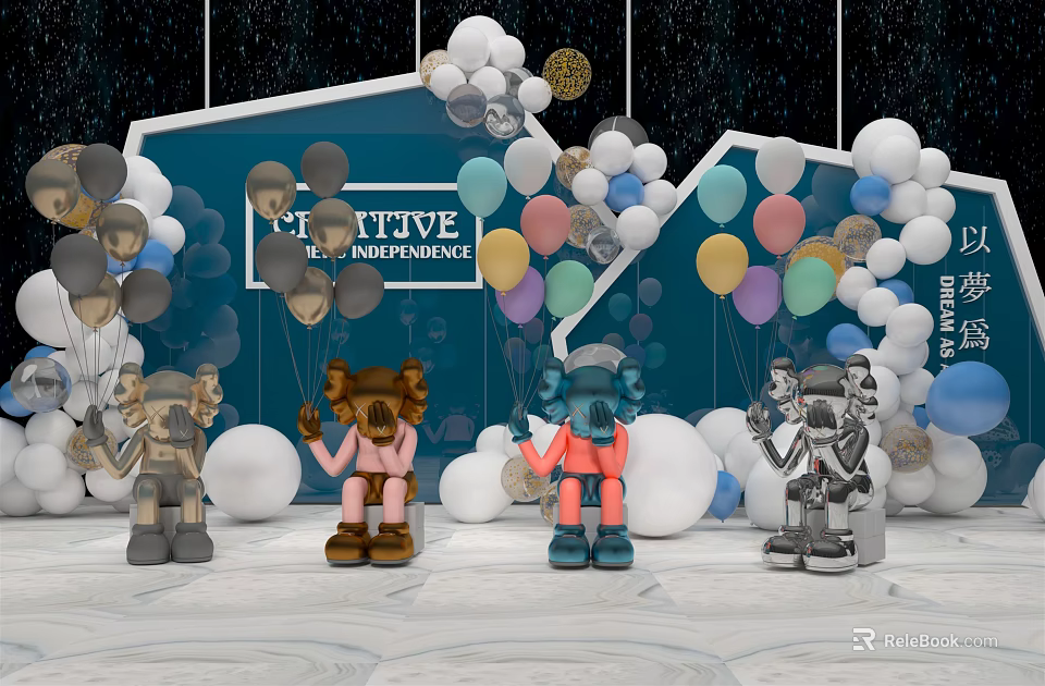 Colorful Balloon Decor With Creative Character Statues And Backdrop Design 3d model 