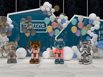 Colorful Balloon Decor With Creative Character Statues And Backdrop Design 3d model