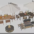 Outdoor Wooden Dining Table With Umbrella Chairs Fire Pit And Grill Station Setup