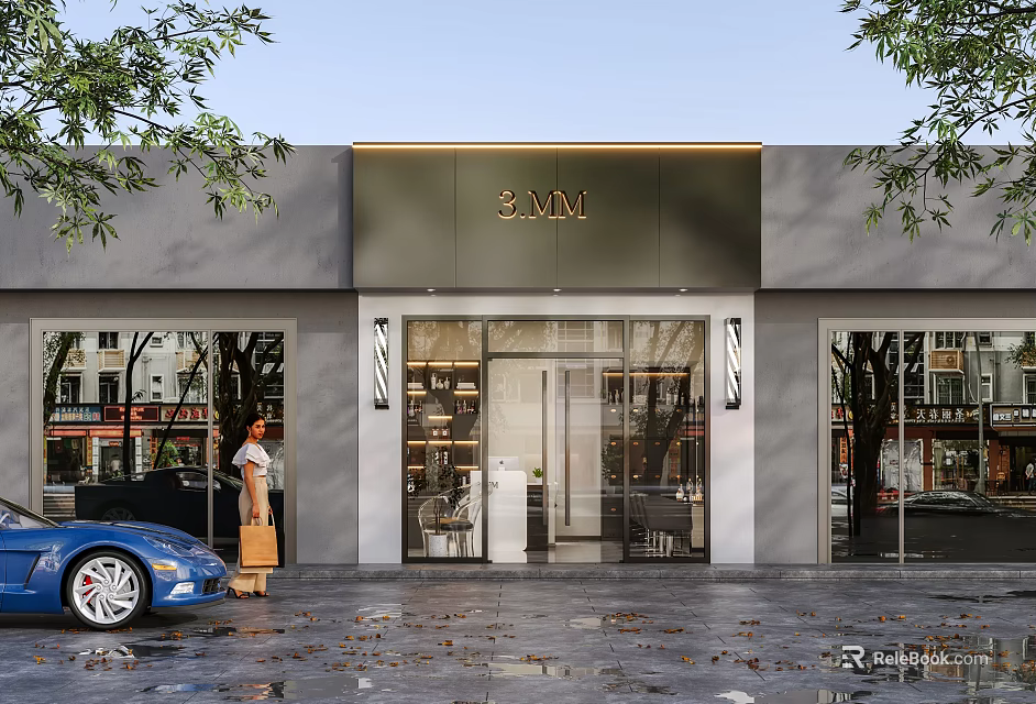 Elegant Modern Storefront Facade With Glass Doors Gold Trim And Brand Signage 3d model 