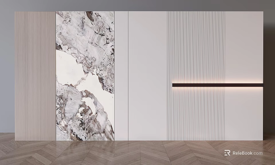 Modern Sofa Background Wall With Marble Texture White Panel Vertical Stripes And Strip Light 3d model 