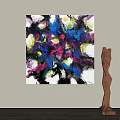 Colorful Abstract Painting With Blue Pink And Yellow Tones Near Modern Sculpture On Wall