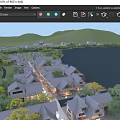 Traditional Chinese Architecture Lakefront Birds Eye View Planning With Misty Mountains And Evening Lights