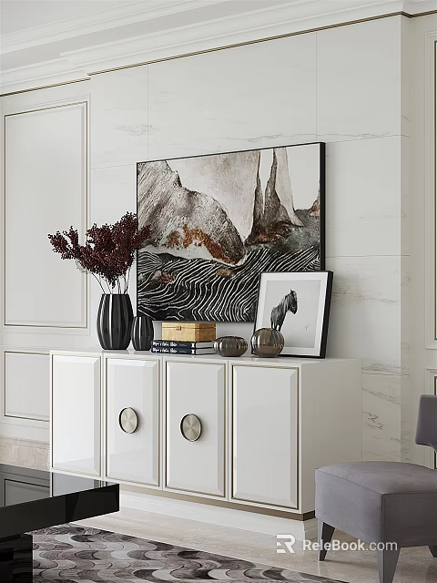 White Console Table Side Cabinet With Vase Framed Art And Decorative Ornaments 3d model 