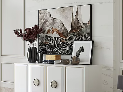 White Console Table Side Cabinet With Vase Framed Art And Decorative Ornaments 3d model