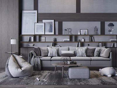 Modern Living Room Sofa and Coffee Table Set with Striped Pillows Gray Rug and Decorative Shelves 3d model