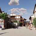 Traditional Chinese Commercial Street With Black Tiled Roofs White Walls Green Plants And Pedestrian Walkway
