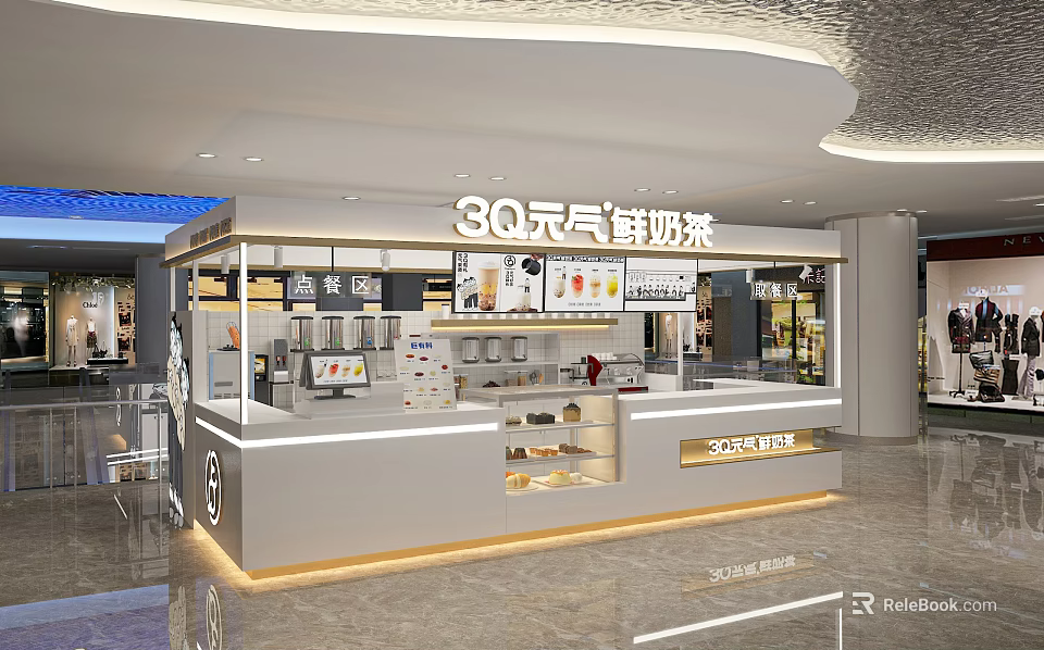 Modern Milk Tea Shop Interior Design With Fresh Milk Tea Counter And Mall Display Area 3d model 