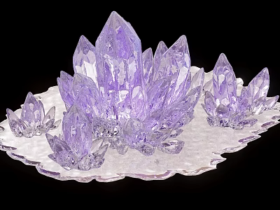 Elegant Purple Crystal Clusters On Stone Wood Plate With Natural Texture 3d model