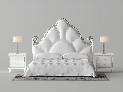 Elegant Double Bed With Scalloped White Headboard And Nightstands With Table Lamps 3d model