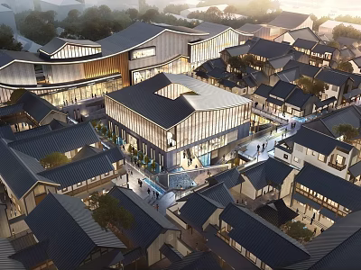 Traditional Modern Commercial Street With Tile Roofs Wooden Structures And Pedestrian Areas 3d model