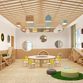 Kindergarten School Interior With Wooden Ceiling Round Windows And Colorful Pendant Lights