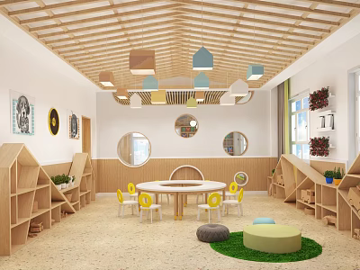 Kindergarten School Interior With Wooden Ceiling Round Windows And Colorful Pendant Lights 3d model
