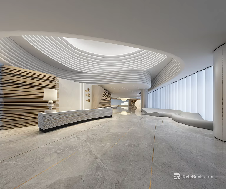 Modern Store Front Desk Interior With Curved Ceiling Wooden Panels And Lighting 3d model