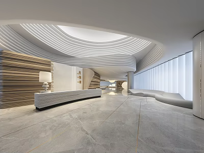 Modern Store Front Desk Interior With Curved Ceiling Wooden Panels And Lighting 3d model