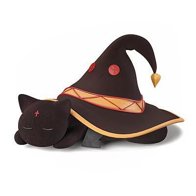 Cute Black Cat Plush Doll with Brown Wizard Hat Red Cross Decorations and Yellow Pendant 3d model