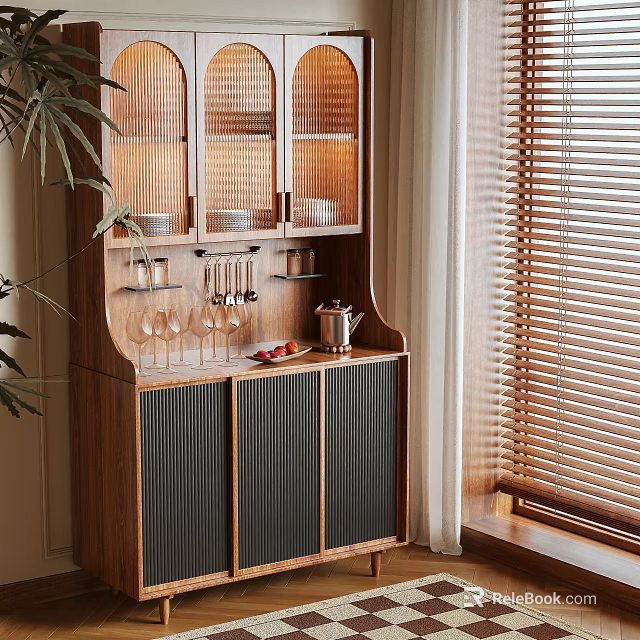 Wooden Sideboard With Glass Doors Dishes Inside Dark Paneled Doors Near Window Wooden Blinds 3d model 