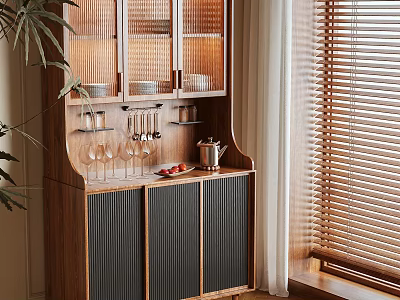 Wooden Sideboard With Glass Doors Dishes Inside Dark Paneled Doors Near Window Wooden Blinds 3d model