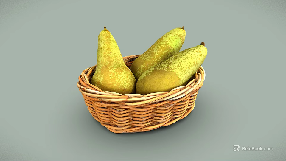 Three Fresh Ripe Pears in a Wicker Basket on Gray Background 3d model 