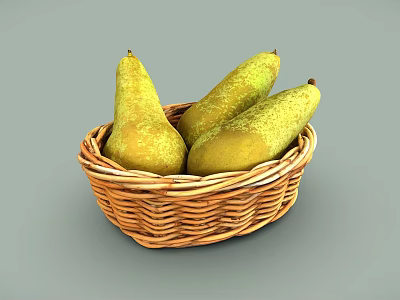 Three Fresh Ripe Pears in a Wicker Basket on Gray Background 3d model