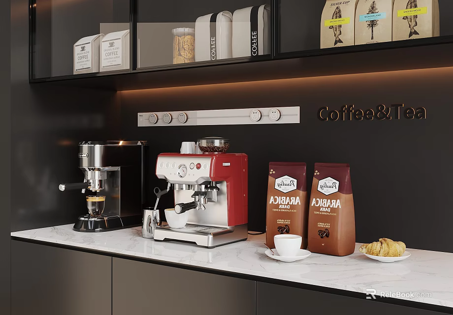 Modern Household Appliances Espresso Machine with Coffee Beans and Cookies on Kitchen Countertop 3d model 