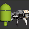 Green Android Robot Standing With Metallic Mechanical Spider Creature On Shiny Surface 3d model