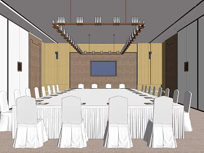 Modern Conference Room With Long Table White Chair Covers Wooden Walls And Large Screen Chandelier 3d model