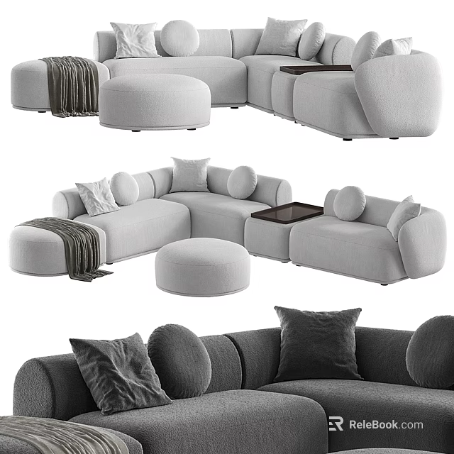 Modern Sectional Sofa With Plush Pillows Round Ottoman Cozy Throw Blanket And Wooden Side Table 3d model 