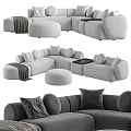Modern Sectional Sofa With Plush Pillows Round Ottoman Cozy Throw Blanket And Wooden Side Table