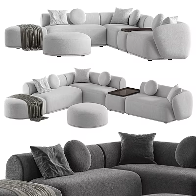 Modern Sectional Sofa With Plush Pillows Round Ottoman Cozy Throw Blanket And Wooden Side Table 3d model