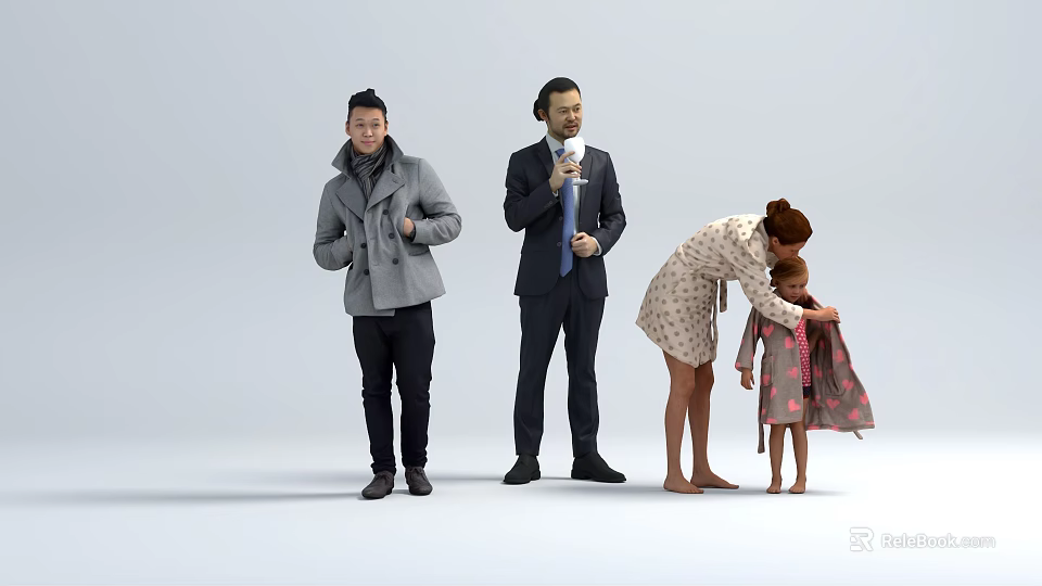 Group Of People Including Man In Coat Suit Woman Helping Child With Clothing 3d model 