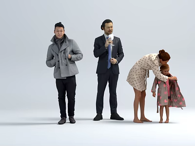 Group Of People Including Man In Coat Suit Woman Helping Child With Clothing 3d model
