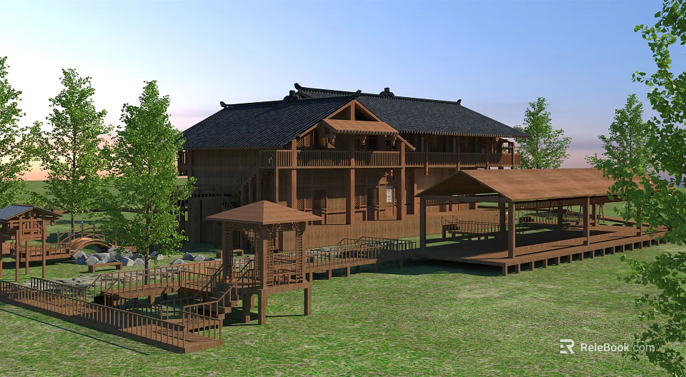 Traditional Wooden Building With Black Roof Lawn Trees And Wooden Pavilion 3d model 
