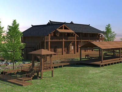 Traditional Wooden Building With Black Roof Lawn Trees And Wooden Pavilion 3d model