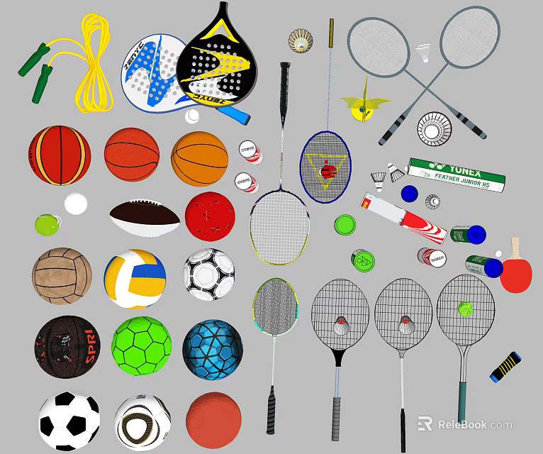 Sports Equipment Collection Featuring Basketball Soccer Volleyball Tennis Badminton Rackets Jump Rope And Balls 3d model 