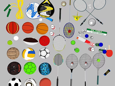 Sports Equipment Collection Featuring Basketball Soccer Volleyball Tennis Badminton Rackets Jump Rope And Balls 3d model