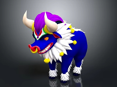 Colorful Bull 3D Model With White Horns Purple Head Blue Fluffy Fur And Yellow Decorations 3d model