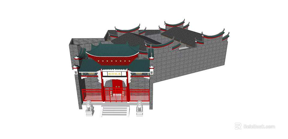 Traditional Chinese Ancient Architecture with Curved Cornices Red Gate and Gray Stone Walls 3d model 