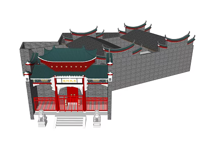 Traditional Chinese Ancient Architecture with Curved Cornices Red Gate and Gray Stone Walls 3d model