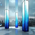 Modern Tech Space With Blue Glowing Pillars Data Charts And World Map Floor 3d model