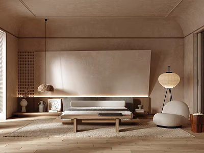 Minimalist Warm Bedroom Interior With Textured Walls Wooden Floor Hanging Lamp And Cozy Armchair 3d model