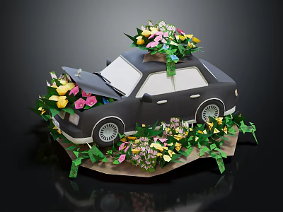 Black Paper Craft Car With Flowers On Roof Inside And Green Leaves Decoration 3d model