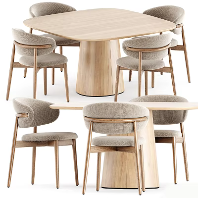 Modern Wooden Dining Table Set With Upholstered Chairs And Simple Natural Design 3d model