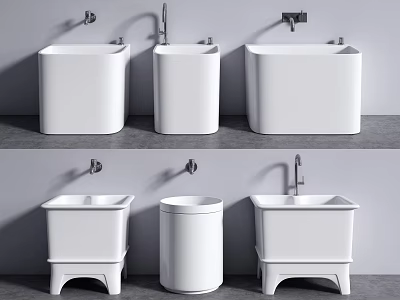 White Ceramic Bathroom Fixtures With Various Designs Including Pedestal Sinks And Cylindrical Bins 3d model