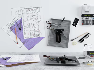 Design Workspace With Architectural Blueprints Stationery Tools Scissors Stapler Calculator And Pencils 3d model