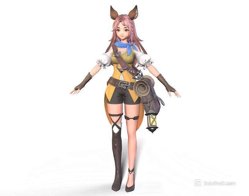 Game Movie Character With Pink Hair Cat Ears Blue Scarf Yellow Shorts Brown Boots 3d model 