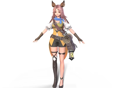Game Movie Character With Pink Hair Cat Ears Blue Scarf Yellow Shorts Brown Boots 3d model